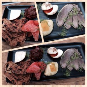 Cheddar cheese(diff depending on availability),smoked duck bacon marinated with espresso extracts, duck egg yolk in some candy form on a hard boil egg, smoked salmon, a tomato chuttney mix and a mango dressing mix too with some jellies in there