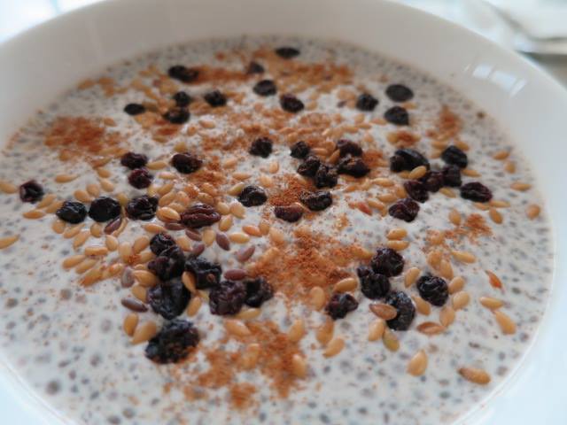 Chia seed porridge for breakfast, with raisin and cinnamon. My current favourite combo is with Thai mango!