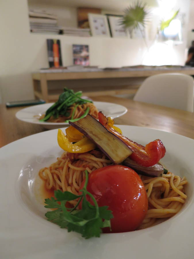 Grilled Veg Tomato Pasta ($10.80) - Homemade sauce with grilled organic aubergines, tomatoes, capsicum and zucchini.